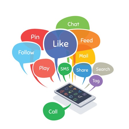 smartphone surrounded by social media notifications, such as "like" and "share".