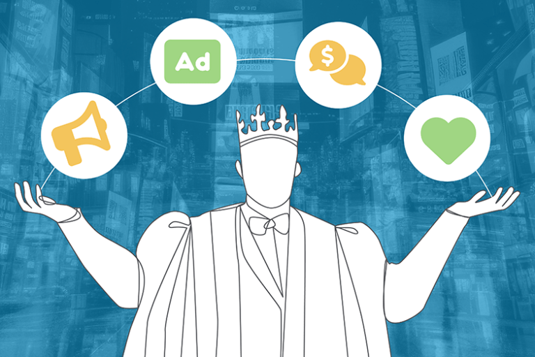 Illustration of a marketer with a crown and arms outstretched with a street filled with advertisements in the background.