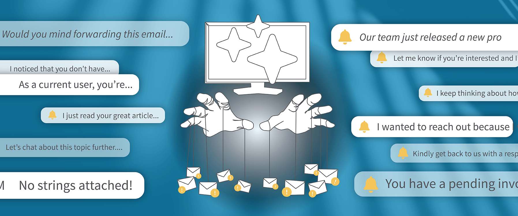 Illustration of an AI-driven computer with hands. There are email icons dangling from each of its fingers by string. In the background, there are overlapping speech bubbles filled with spammy text.